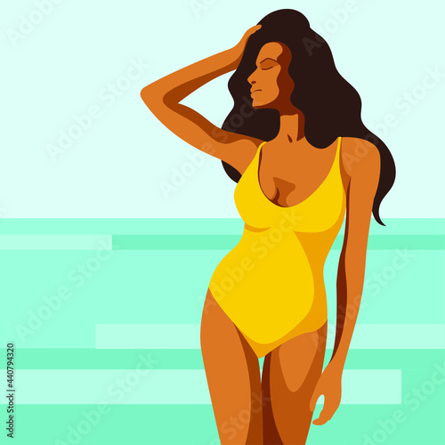 vector illustration on the theme of summer holidays. beautiful young tanned girl in a yellow swimsuit sunbathes on the beach. the picture can be used to decorate leaflets and flyers. elements isolated