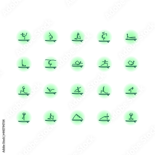 Stand Up Paddle Yoga flat line icons set. Man practicing SUP yoga on a paddle board in the sea. Simple flat vector illustration for store, web site or mobile app