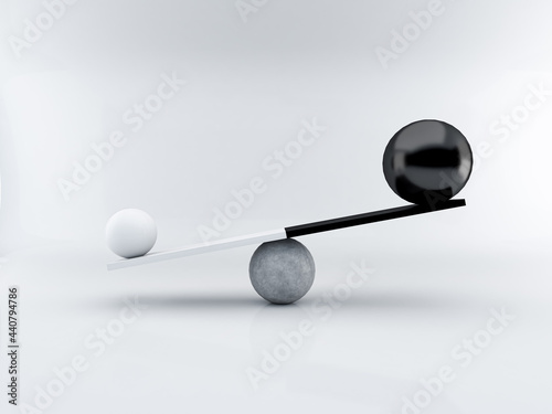 3D rendering white and black ball different size on plank .Balance concept.minimalist concept.
