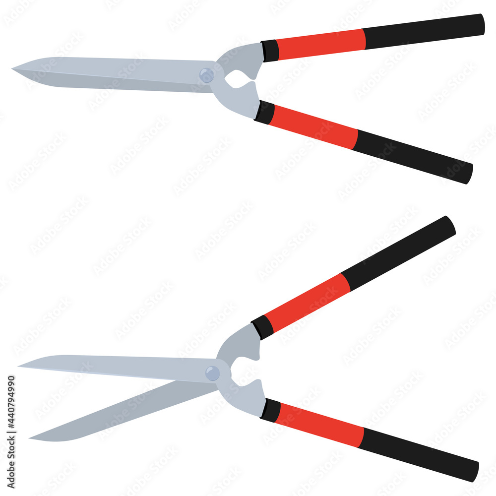 Hedge clippers isolated on white background. Gardening scissors for trimming. Pruning shears with red handles.Vector flat illustration. Hedge clippers isolated on white background. Gardening scissors for trimming. Pruning shears with red handles.Vector flat illustration.