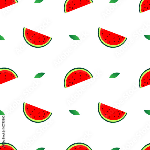Fototapeta Naklejka Na Ścianę i Meble -  seamless pattern vector illustration of red watermelon fruit design and green leaves. white background. design for wallpaper,backdrop and print on fabric. modern templates