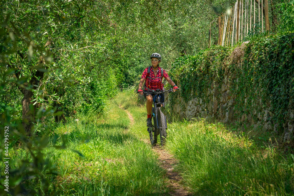 nice and active senior woman riding her electric mountain bike in the Garda lake mountains between blooming the olive groves of Arco close to Riva del Garda and Garda Lake , Landscape - obrazy, fototapety, plakaty 