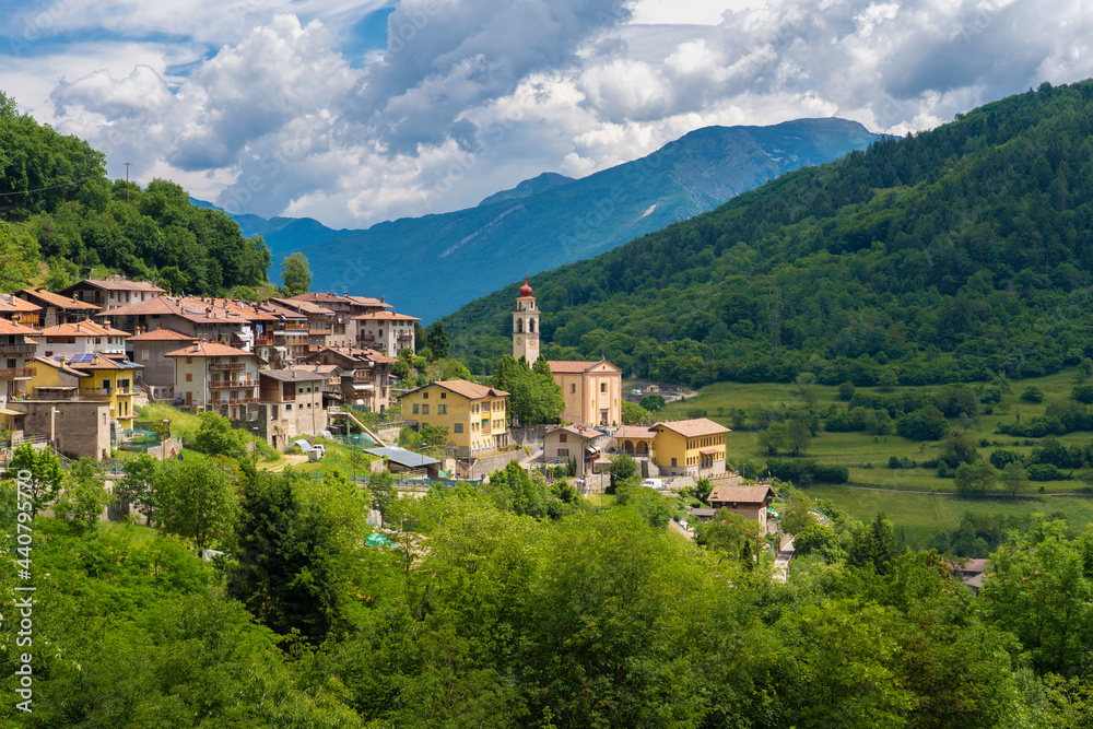 scenic view on the village of Tenno in the Garda Lake mountains near Riva del Garda, Trentino, Italy