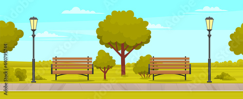 Street with plants and asphalt road. Sidewalk in summer park. Landscape with nature and sidewalk. Natural landscape around road. View of park with wooden benches, lamp posts and deciduous trees