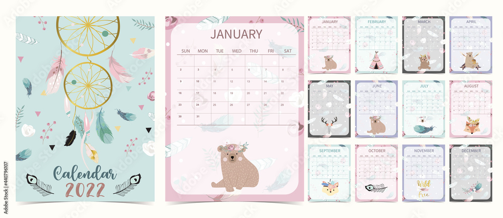 Cute 2022 table calendar week start on Sunday with bear cub that use for vertical digital and printable A4 A5 size