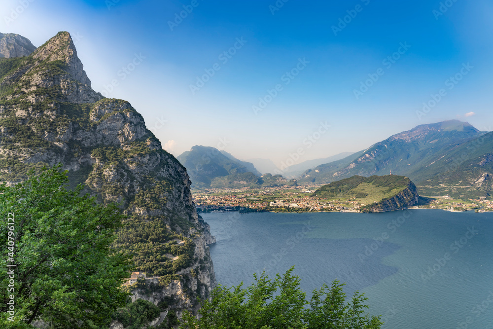 Fototapeta premium scenic view on Riva del Garda and Torbole at the north shore of Lake Garda, Trentino, Italy 