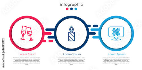 Set line Glass of champagne, Burning candle and Snowflake speech bubble. Business infographic template. Vector