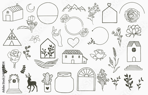 natural outline element collection in simple style with house, flower, frame