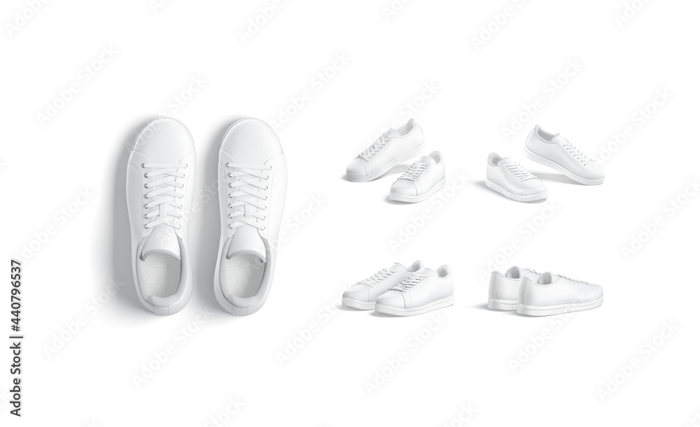 Blank white leather sneakers with lace pair mockup, different views Blank white leather sneakers with lace pair mockup, different views