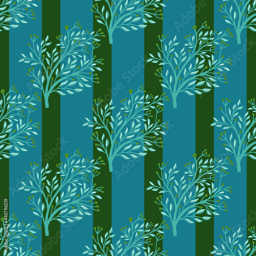 Vintage seamless pattern with shrub silhouettes doodle print. Blue and green striped background.
