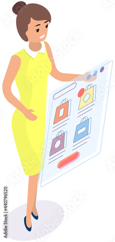 Shopping, sale, consumerism and online store concept. Woman works in field of targeting and online sales on site. Female character exploring interface of internet website. Shopping app template
