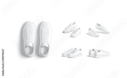 Blank white leather sneakers with lace pair mockup, different views