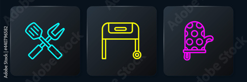 Set line Crossed fork and spatula, Oven glove and Barbecue grill. Black square button. Vector