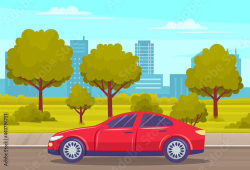 Landscape of urban park with passenger car. Cityscape of town with highway and trees. Automobile on road against background of suburb. Roadway, cityscape and nature. Car drives along country road