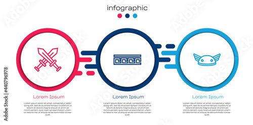 Set line Crossed medieval sword, Ancient Greek pattern and Helmet with wings. Business infographic template. Vector