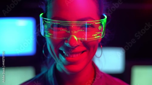 Wallpaper Mural A close up of a caucasian woman with smart glasses smiling in front of camera Torontodigital.ca