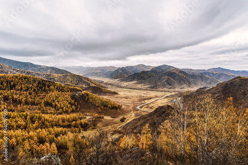 View of the autumn mountains and the Chui tract from the Chike-Taman pass. Altai Republic, Russia © vesta48