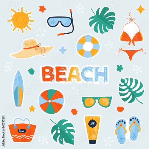 Colorful Beach stickers set. Doodle colorful summer collection with cute icons. Perfect for the design of mugs, gifts, textiles, cards, banners, posters, web and more