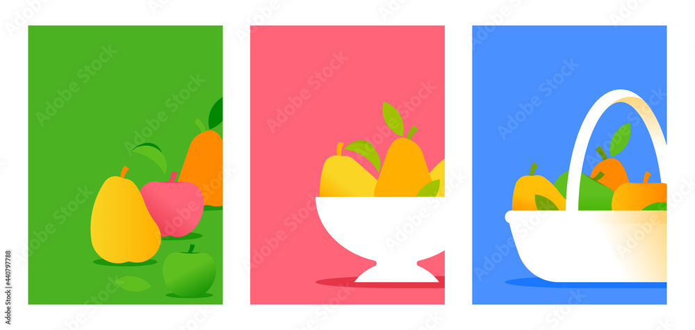 Fototapeta premium Abstract sweet pears and apples. Seasonal fruits composition, harvest in wicker basket. Minimal style set of posters. Minimalist design for poster, card, cover. Text Space for the title.