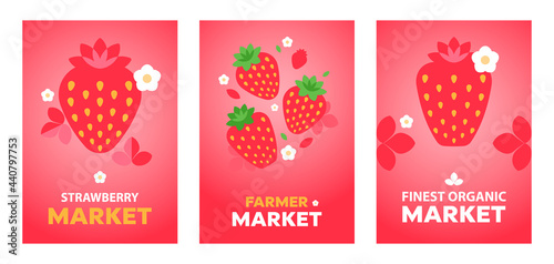 Strawberry. Minimal style red strawberry posters. Abstract geometric fruits and flowers on red background. Modern minimalistic design with gradient. Print, card, banner. Farmers market concept.