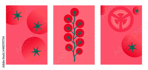 Tomatoes cherry. Minimal style red tomato posters. Abstract geometric vegetables on red background. Modern minimalistic template design for print, price tag, card, label, banner,