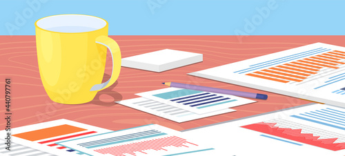 Creative team desktop, documents with information and statistics, stationery for people working together, cup of coffee. Business meeting and brainstorming. Workplace of businessman or auditor