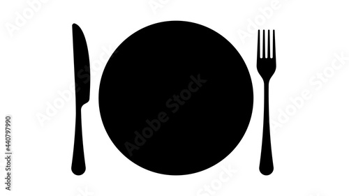 Fork, knife, plate. Dinner service icon. Tableware set, silhouettes, flat style. Plate, fork and knife for apps and websites. The meal concept.