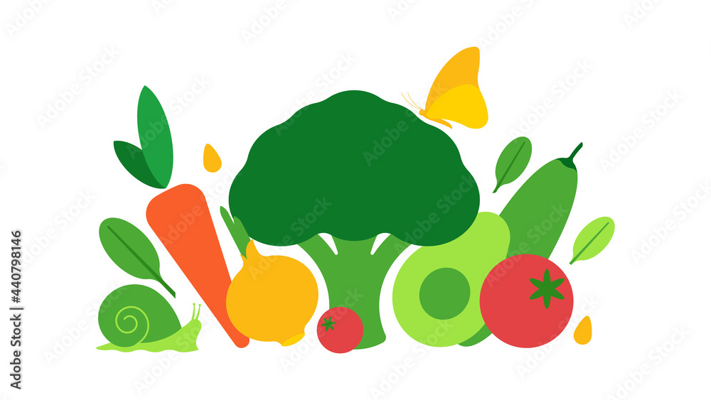 Fototapeta premium Composition of heap different vegetables on white background. Short collage of farmer vegetables for layout. Healthy food concept. Modern vector illustration for poster, design, banner.