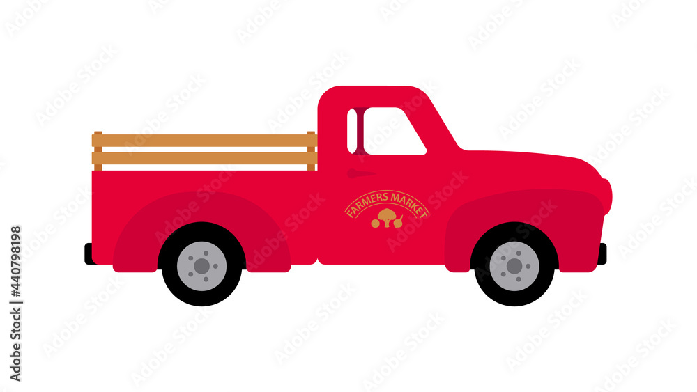 Red pickup truck. Classic rural vehicle with trunk. Farm life concept. Modern vector auto isolated on white background.