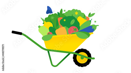 Garden wheelbarrow with heap of vegetables. Composition of farmer products for layout. Healthy food concept. Modern vector illustration for poster, design, banner.