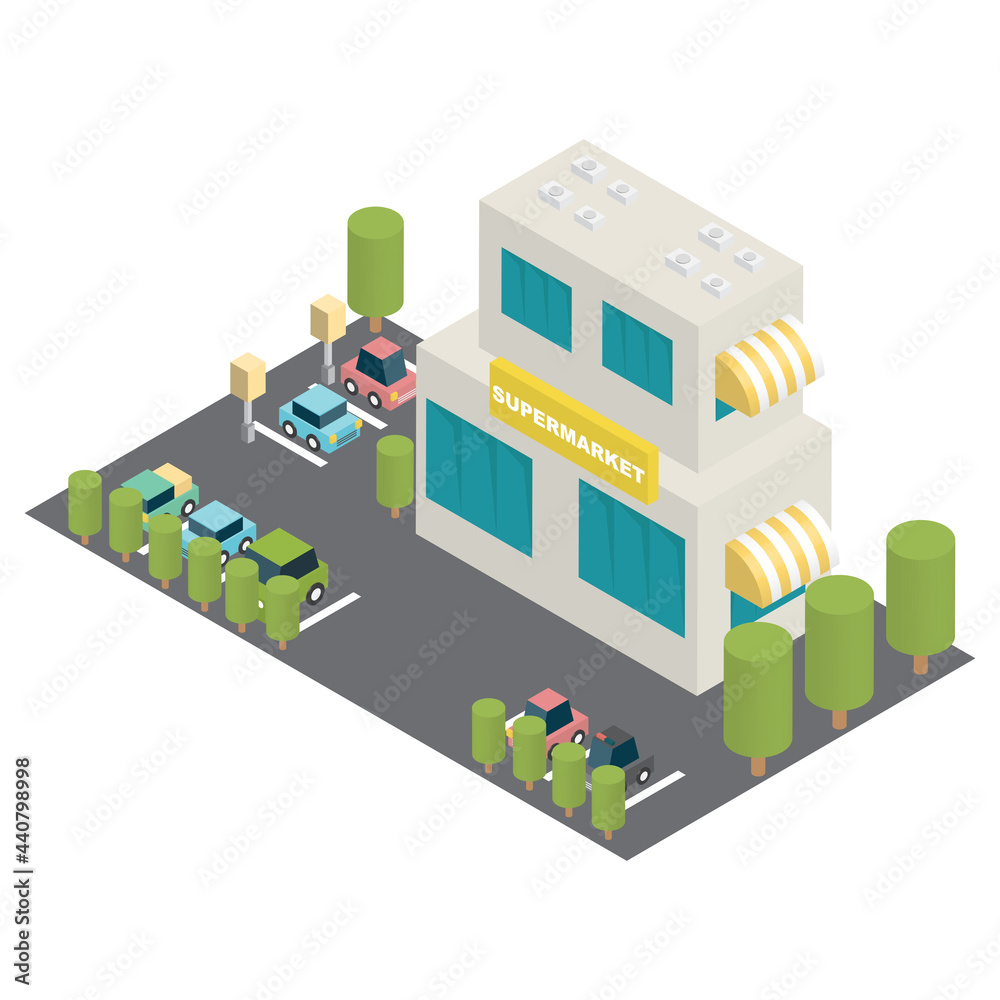 Supermarket or shopping mall building in isometric 3d style . Supermarket store with car parking. Building icon. Vector illustration.