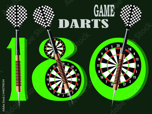 vector illustration with the image of 180 points in the game of darts in the form of a banner for prints on posters, posters, booklets and also for interior decoration of darts bars