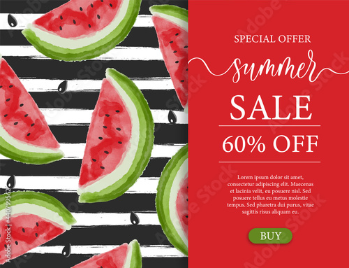 Summer sale with watercolor watermelon on trendy striped background and hand written lettering vector