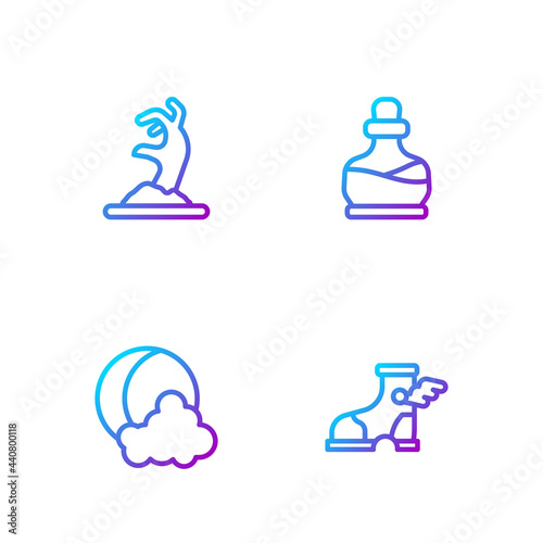 Set line Hermes sandal, Moon stars, Zombie hand and Bottle with potion. Gradient color icons. Vector