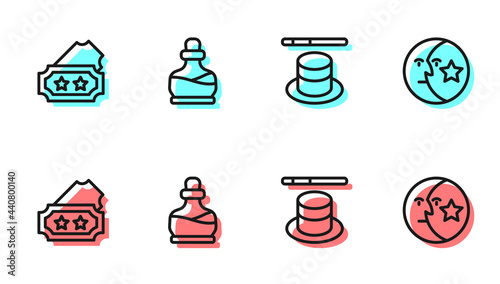 Set line Magic hat and wand, Ticket, Bottle with potion and Moon stars icon. Vector