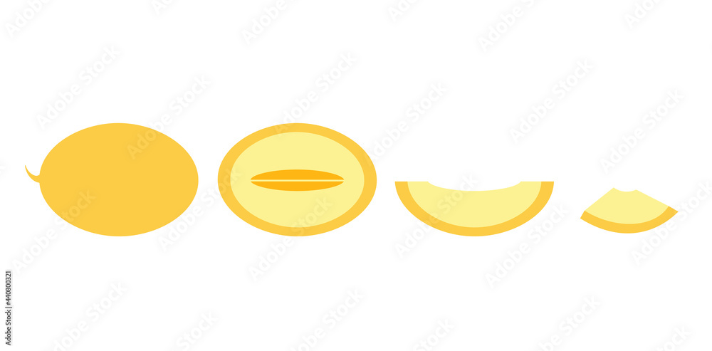 Juicy sweet yellow melon, whole, half, cut, slices. Sweet as honey. Fruit season, vitamins. Isolated image, logo, poster, flat vector illustration Juicy sweet yellow melon, whole, half, cut, slices. Sweet as honey. Fruit season, vitamins. Isolated image, logo, poster, flat vector illustration