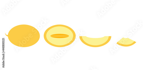 Juicy sweet yellow melon, whole, half, cut, slices.  Sweet as honey.  Fruit season, vitamins.  Isolated image, logo, poster, flat vector illustration