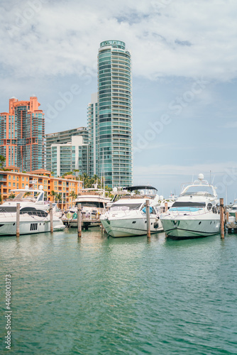 boats in marina south Pointe Miami Beach florida buildings hotel yachts panorama summer sky 