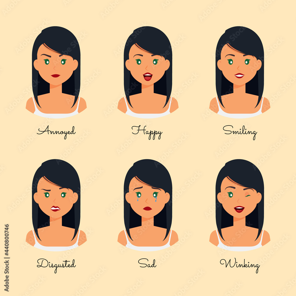 Set of different facial expressions of female character. Collection of feelings of young woman with green eyes. Portrait emoji beautiful girl with various emotions. Set of different facial expressions of female character. Collection of feelings of young woman with green eyes. Portrait emoji beautiful girl with various emotions.