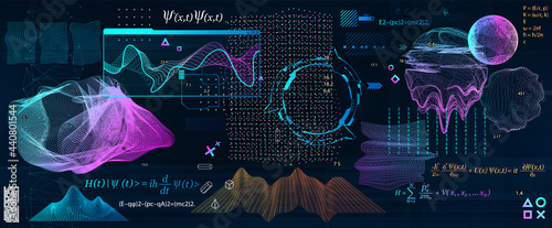 Quantum Mechanics elements with famous formulas. Sci-fi universal elements with HUD. Big data algorithms, deep learning artificial intelligence. Algorithms and Quantum Mechanics concept. Vector set
 photo