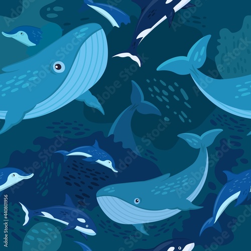 Marine life seamless pattern. Blue whales and dolphins. photo