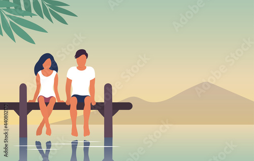 A young couple is resting by the river. A man and a girl are sitting on a pier above the water. Calm rest. Vector flat illustration banner