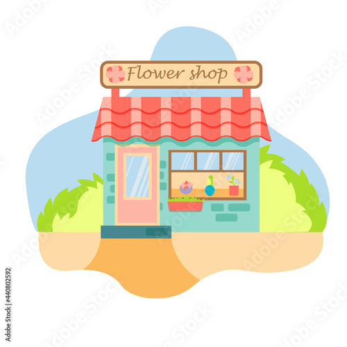 The facade of the building with a sign. Flower shop. Showcase with flowers. Shop. Vector illustration in a flat style. Nice little shop.