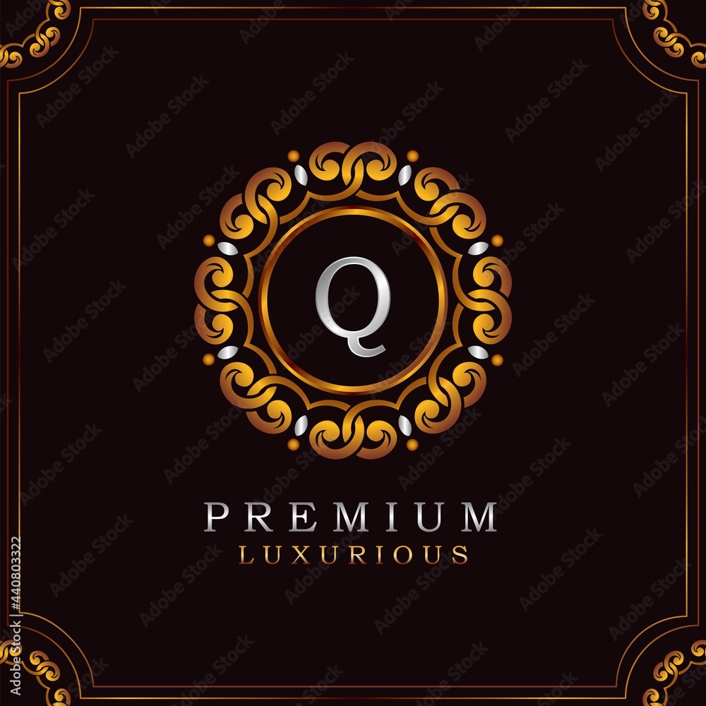 Golden Premium Luxury Mandala Badge Letter Q Logo Design. Elegance Ornate Decoration Mandala Badge On Golden Frame . Golden Premium Luxury Mandala Badge Letter Q Logo Design. Elegance Ornate Decoration Mandala Badge On Golden Frame .