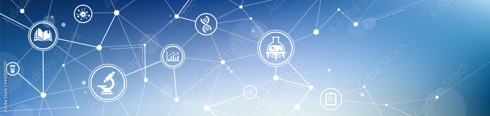 Medical research vector illustration. Blue banner with icons on biochemistry / microbiology, science experiment / analysis, laboratory test or diagnosis, pharmaceutical industry, genetic medicine. Medical research vector illustration. Blue banner with icons on biochemistry / microbiology, science experiment / analysis, laboratory test or diagnosis, pharmaceutical industry, genetic medicine.