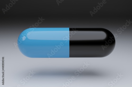 3D Blue and Black Capsule Pills Isolated on Black Background