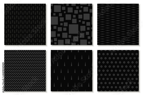 Collection of monochrome geometric seamless patterns. Black trendy repeatable backgrounds