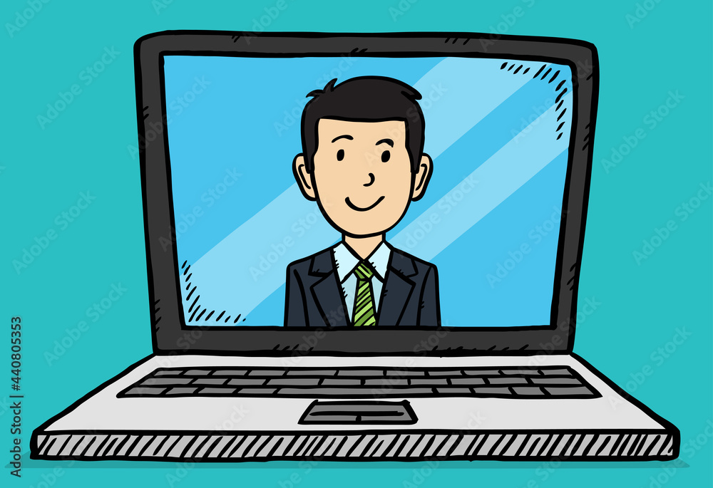 Video conversation with businessman on laptop screen. Cartoon style vector, colorful illustration of laptop computer. Video conversation with businessman on laptop screen. Cartoon style vector, colorful illustration of laptop computer.