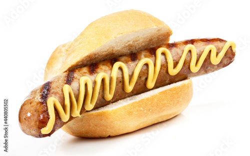 Photos Bratwurst vom Grill im Brötchen mit Senf, Freigestellt
