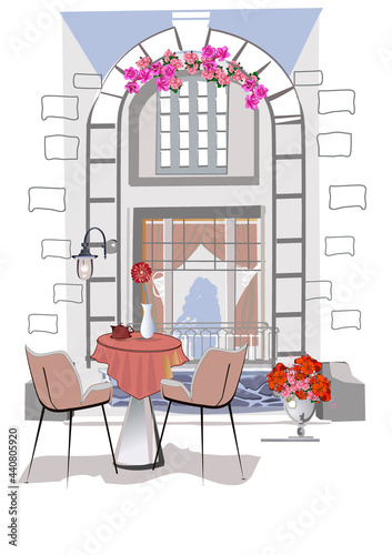 Series of backgrounds decorated with flowers, old town views and street cafes. Café window.   Hand drawn vector architectural background with historic buildings. 